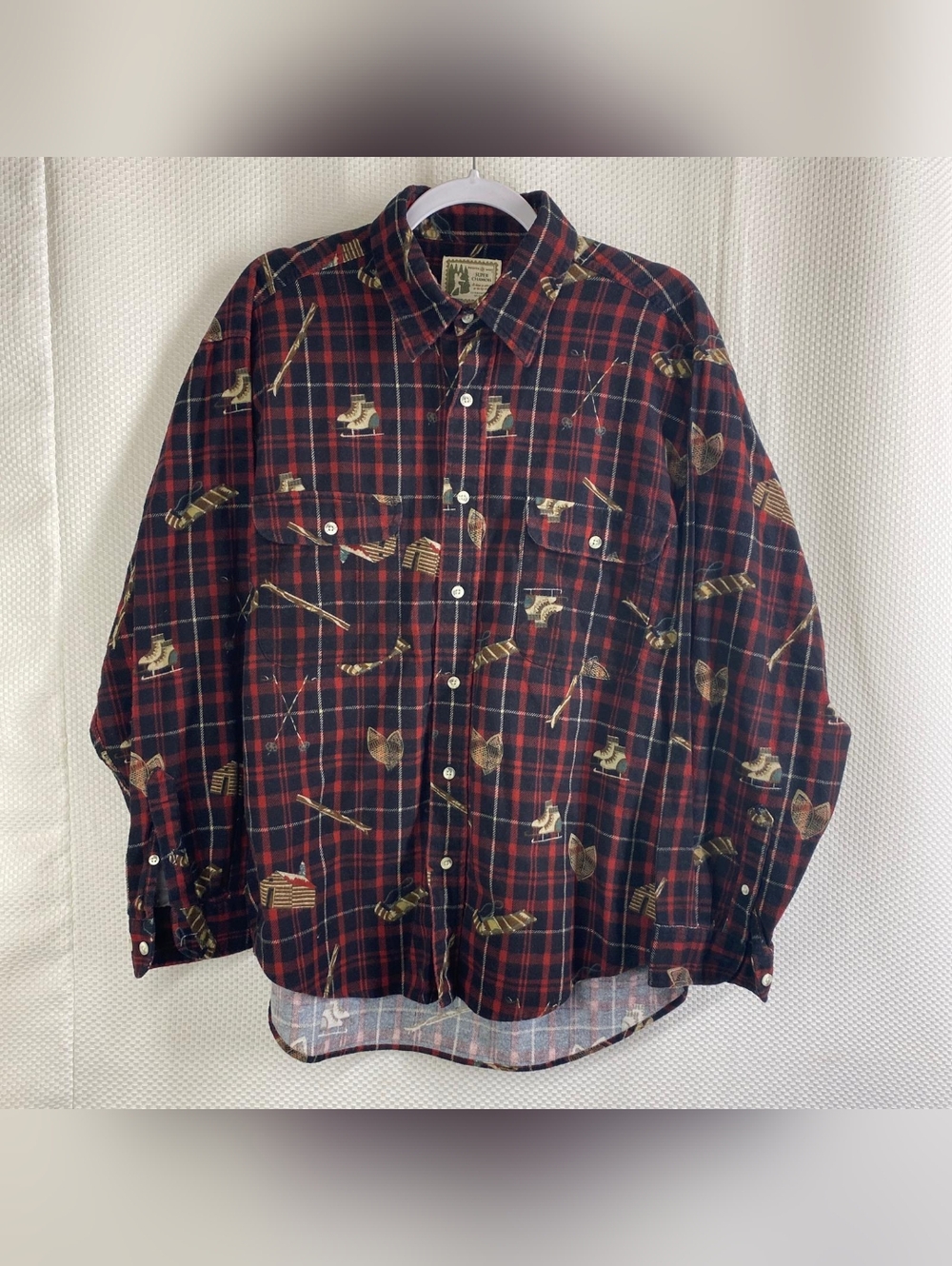 Point West  Men's Red and Black Plaid Button-Down Shirt with Outdoor Motif (L)